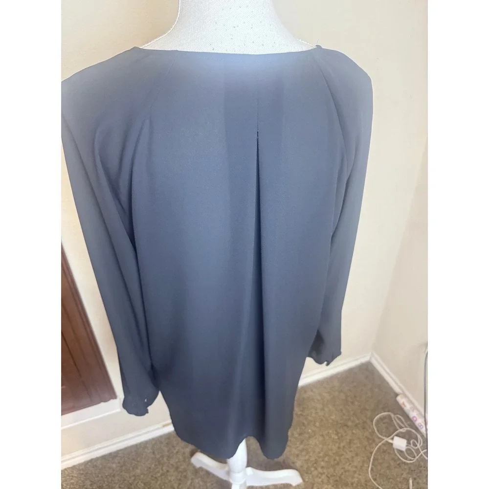 Belle Sky Black Blouse Criss Cross V-Neck Wrap Front Long Sleeve Career Medium